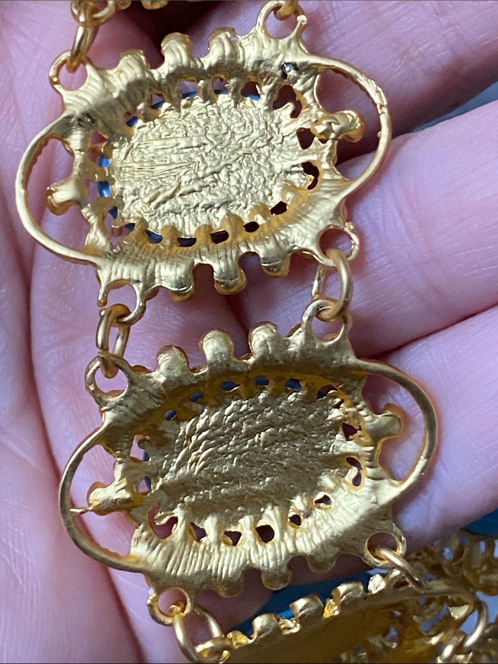 Matte Gold Blue Cabochon Statement Necklace with Faux Pearls - Picture 5 of 6